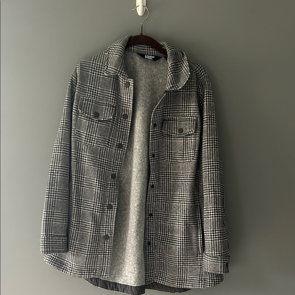 Lands' End Men's Black and White Plaid Shirt Jacket